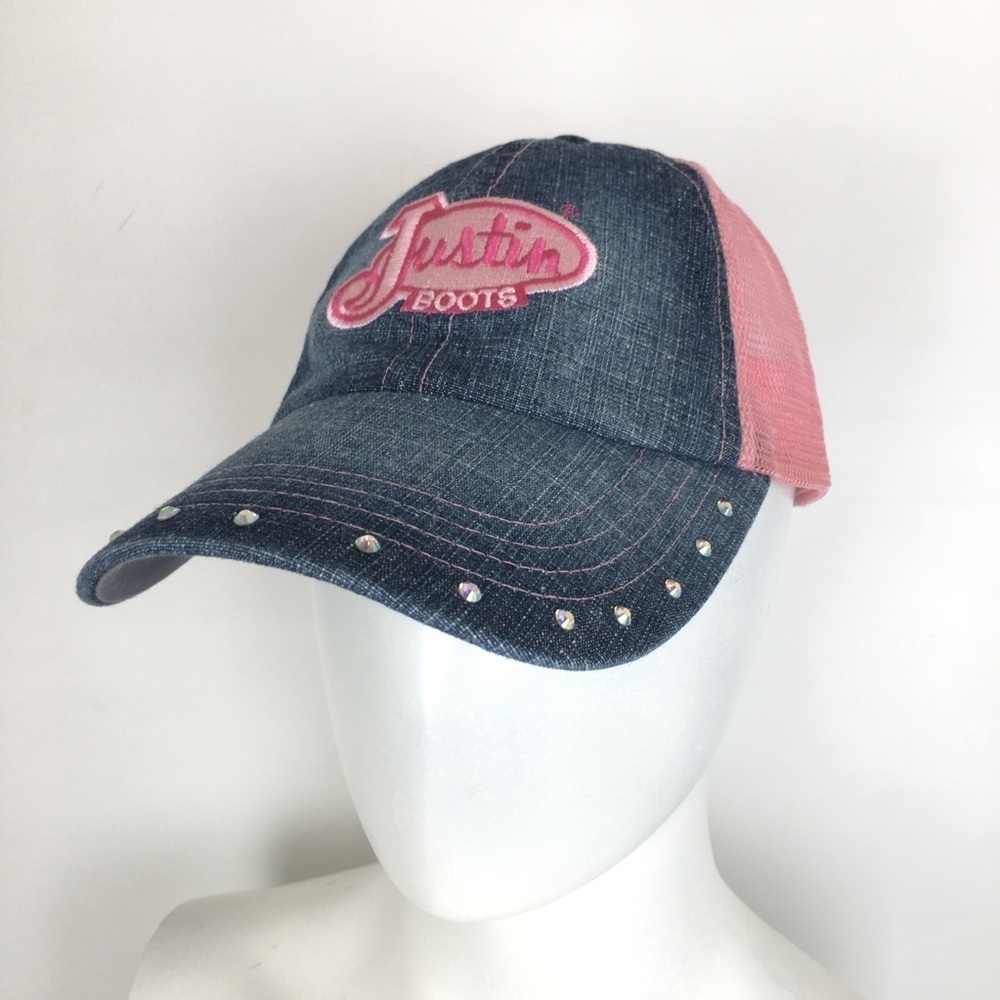 Justin Boots Denim Baseball Hat Pink Mesh Adjustable Back Strap Rhinestone Trim